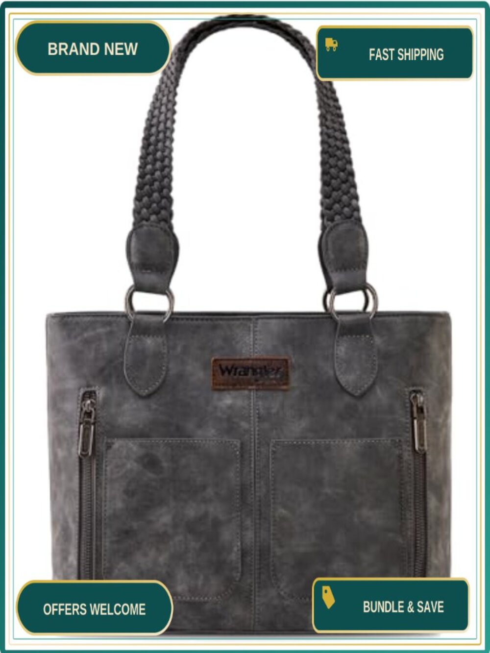 Wrangler Distressed Tote Bag Western Purse Braided Straps Multi Pockets